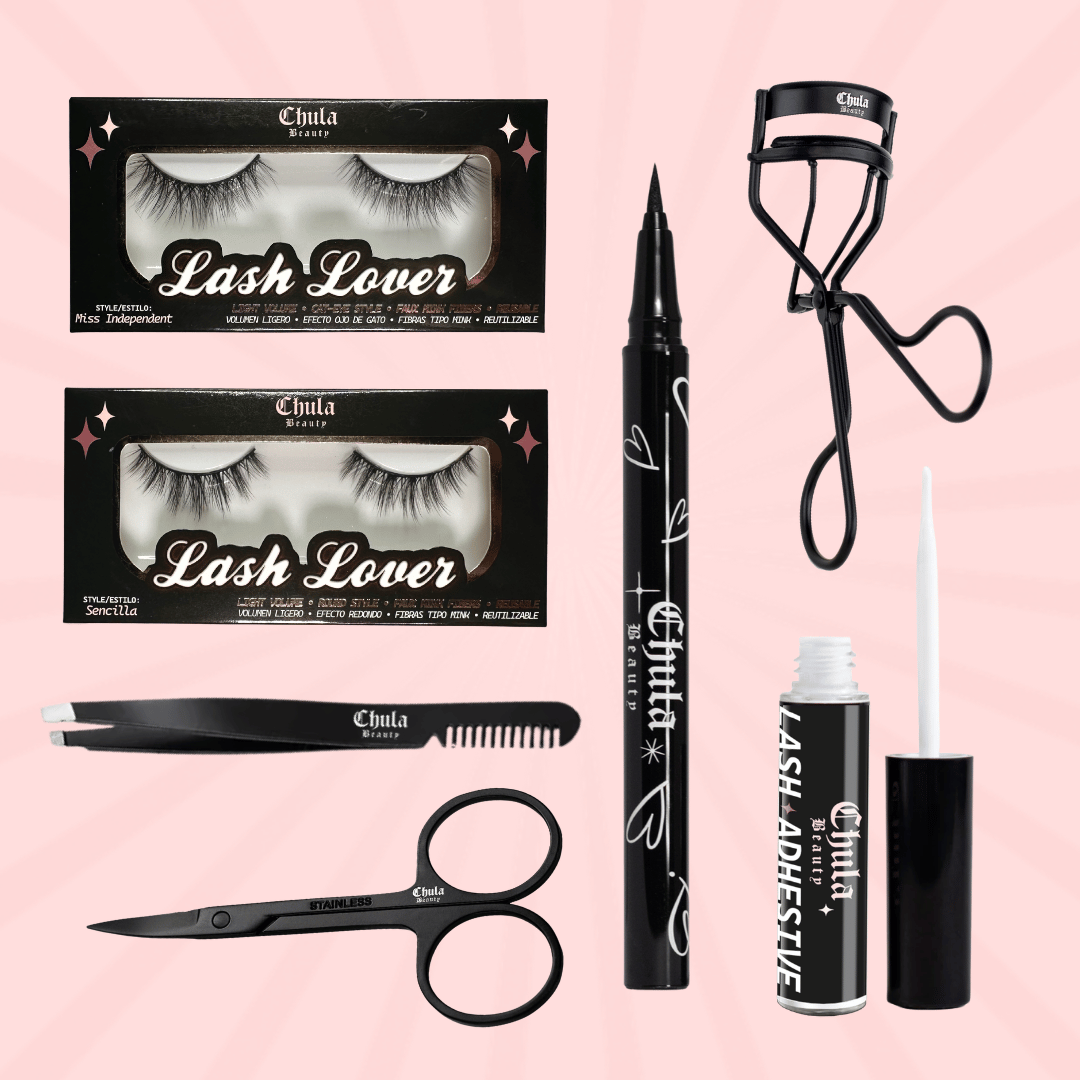 The Latina Glam Essentials - Complete Strip Lash Starter Kit – 7-Piece False Eyelash Bundle | Eyeliner, Lash Glue, Lash Curler, Lashes + Lash Tools