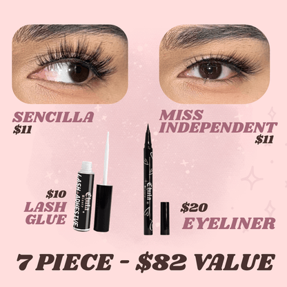 The Latina Glam Essentials - Complete Strip Lash Starter Kit – 7-Piece False Eyelash Bundle | Eyeliner, Lash Glue, Lash Curler, Lashes + Lash Tools